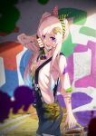  1girl airani_iofifteen character_name hair_bun hara_kenshi highres hololive hololive_indonesia long_hair paint_can paint_on_clothes paint_splatter paint_splatter_on_face paintbrush pink_hair purple_eyes suspenders virtual_youtuber 
