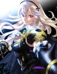  1girl armor ascot bangs black_armor black_gloves black_headband blue_cape breasts cape cleavage closed_mouth commentary_request corrin_(fire_emblem) corrin_(fire_emblem)_(female) fire_emblem fire_emblem_fates fire_emblem_heroes floating_hair frills gauntlets gloves hair_between_eyes headband large_breasts light light_particles lips long_hair looking_at_viewer manakete pink_lips pointy_ears red_eyes shadow shoulder_armor signature silver_hair sleeveless solo tombsakura torn_cape torn_clothes twitter_username upper_body white_neckwear 