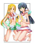  2girls animal_on_shoulder ball barefoot beachball bikini bikini_skirt bird blonde_hair blue_hair commentary_request cup disposable_cup drinking drinking_straw eyebrows_visible_through_hair green_eyes groin highres holding holding_ball holding_cup holding_innertube innertube kneeling kusano_kouichi long_hair looking_at_viewer multiple_girls navel neckerchief open_mouth original penguin red_neckwear sailor_bikini sailor_collar smile straight_hair swimsuit twintails weasel white_bikini yellow_eyes 