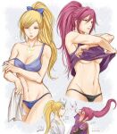  2girls another_eden blonde_hair blood blue_eyes blush bow breasts breath cleavage clothes_lift dripping gumbat hair_bow lips midriff multiple_girls nosebleed parted_lips pink_hair ponytail red_eyes removing_bra scar shirt_lift signature stomach sweat underboob undressing yuri 