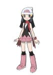  1girl beanie black_hair boots bracelet closed_mouth commentary_request dawn_(pokemon) eyelashes grey_eyes hair_ornament hairclip hat highres jewelry knees long_hair over-kneehighs pink_footwear pink_skirt pokemon pokemon_(game) pokemon_dppt red_scarf scarf shirt simple_background skirt sleeveless sleeveless_shirt smile solo standing thighhighs white_background white_headwear yoshi_(moco1) 