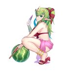  1girl absurdres alternate_costume bangs bikini bracelet breasts eating fire_emblem fire_emblem:_mystery_of_the_emblem fire_emblem_awakening fire_emblem_heroes food fruit full_body green_eyes green_hair hair_between_eyes hair_ornament highres holding jewelry keldancon large_breasts long_hair looking_at_viewer manakete official_alternate_costume pointy_ears ponytail red_bikini red_swimsuit sandals solo squatting stick swimsuit tiki_(fire_emblem) watermelon white_background 