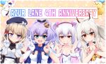  4girls :d anchor_symbol animal_ears anniversary ayanami_(azur_lane) azur_lane bangs bird blue_eyes bow breasts brown_hair cat cat_and_rabbit chick cleavage collarbone commentary_request copyright_name crown detached_sleeves double_v eyebrows_visible_through_hair fake_animal_ears gloves green_eyes hair_between_eyes hair_bow hair_ornament hair_ribbon hairband hairclip hat headgear highres iron_cross jacket javelin_(azur_lane) laffey_(azur_lane) long_hair long_sleeves looking_at_viewer manjuu_(azur_lane) meowfficer_(azur_lane) mini_crown multiple_girls open_mouth orange_eyes ponytail pose purple_hair rabbit_ears red_eyes ribbon school_uniform serafuku short_hair sidelocks silver_hair single_glove smile spaghetti_strap twintails v white_gloves white_hair z23_(azur_lane) 