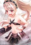  1girl absurdres bandeau bangs bare_shoulders belt blush breasts cloud cloudy_sky collarbone cosplay eyebrows_visible_through_hair fate/kaleid_liner_prisma_illya fate_(series) fur_trim hair_between_eyes headband heracles_(fate) heracles_(fate)_(cosplay) highres illyasviel_von_einzbern long_hair looking_at_viewer navel open_mouth pan_korokorosuke ponytail prisma_illya red_eyes sidelocks sky small_breasts solo sword waist_cape weapon white_hair wrist_cuffs 