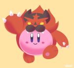 artist_name blush_stickers closed_mouth commentary english_commentary gen_7_pokemon incineroar kirby kirby_(series) looking_at_viewer pokemon purple_eyes signature simple_background smile voviat yellow_background 
