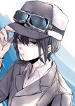  1girl androgynous bangs black_hair blue_background blue_eyes brown_coat brown_headwear closed_mouth coat commentary dress_shirt expressionless fur_hat goggles goggles_on_headwear gradient gradient_background hair_between_eyes hand_on_headwear hat karaniki137 kino_(kino_no_tabi) kino_no_tabi long_sleeves looking_at_viewer lowres portrait reverse_trap shaded_face shirt short_hair solo tomboy trench_coat ushanka white_background white_shirt 