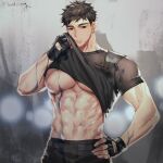  1boy abs bara black_eyes black_gloves black_hair black_shirt closed_mouth clothes_lift fingerless_gloves gloves half-closed_eyes large_pectorals male_focus muscular muscular_male navel nipples original pectorals shirt shirt_lift short_hair solo ssong-ga twitter_username upper_body 