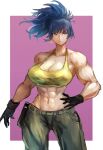  1girl abs absurdres bangs biceps black_gloves blue_eyes blue_hair breasts camouflage camouflage_pants cargo_pants cleavage collarbone crop_top earrings gloves hatano_kiyoshi high_ponytail highres jewelry large_breasts leona_heidern medium_breasts muscular muscular_female pants solo standing tank_top the_king_of_fighters triangle_earrings yellow_tank_top 