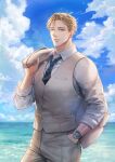  1boy blonde_hair brown_jacket cloud day hand_in_pocket highres holding holding_clothes holding_jacket jacket looking_at_viewer male_focus necktie ocean original outdoors pants parted_lips shirt short_hair sky solo ssong-ga upper_body vest watch white_shirt wristwatch yellow_eyes 