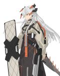  1girl arknights bangs black_skirt chest_strap closed_mouth commentary dragon_horns dragon_tail ear_clip feet_out_of_frame frown grey_shirt high-waist_skirt highres holding holding_shield holding_weapon horns id_card long_hair long_sleeves orange_eyes saria_(arknights) shield shirt silver_hair simple_background skirt solo syringe_gun tail weapon white_background xiangcm3 