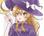  +_+ 1girl bangs blonde_hair blush bow buttons crescent dress eyebrows_visible_through_hair hat hat_bow highres kirisame_marisa kirisame_marisa_(pc-98) long_hair milll_77 moon one-hour_drawing_challenge open_mouth puffy_short_sleeves puffy_sleeves purple_dress purple_headwear short_sleeves sidelocks staff star_(symbol) sweat touhou touhou_(pc-98) white_bow witch_hat 