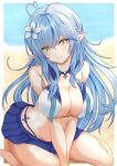  1girl ahoge bangs beach blue_hair blue_skirt blurry blurry_background border breasts cleavage detached_collar eyebrows_visible_through_hair flower frilled_skirt frills hair_between_eyes hair_flower hair_ornament heart_ahoge hololive large_breasts o-ring o-ring_top parted_lips pointy_ears sailor_bikini sailor_collar sand scarlet_mirin shiny shiny_hair skirt smile solo virtual_youtuber water wet white_border yellow_eyes yukihana_lamy 