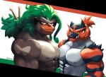  2boys abs animal_ears bara brown_fur cat_boy cat_ears fangs furry furry_with_furry gen_7_pokemon gen_8_pokemon green_eyes green_hair grey_fur highres incineroar large_pectorals long_hair looking_at_viewer male_focus monkey_boy monkey_ears multiple_boys muscular muscular_male nipples out-of-frame_censoring pectoral_docking pectoral_press pectorals personification pokemon red_fur rillaboom smile smug stomach thick_eyebrows upper_body voviat 
