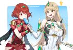  2girls blonde_hair breasts eating food gem hair_ornament headpiece highres jewelry licking long_hair multiple_girls mythra_(xenoblade) popsicle pyra_(xenoblade) red_hair selfcest short_hair tiara user_rzfk3752 very_long_hair xenoblade_chronicles_(series) xenoblade_chronicles_2 