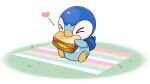 &gt;_&lt; blush closed_eyes commentary_request eating food gen_4_pokemon grass heart holding no_humans official_art piplup pokemon pokemon_(creature) project_pochama sandwich sitting solo 