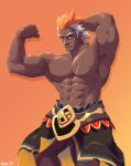  1boy abs armpits bara bare_pectorals biceps dark-skinned_male dark_skin feet_out_of_frame fire_emblem flexing helbindi_(fire_emblem) highres horns large_pectorals looking_at_viewer male_focus multicolored_hair muscular muscular_male navel nipples orange_hair pectorals pose scar scar_on_chest short_hair sideburns single_horn solo stomach thighs two-tone_hair very_dark_skin voviat white_hair wrinkled_skin 