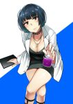  1girl beaker black_dress blue_background blue_hair breasts brown_eyes cleavage closed_mouth collar crossed_legs dress fingernails head_tilt holding invisible_chair jewelry labcoat large_breasts long_sleeves looking_at_viewer necklace persona persona_5 short_dress short_hair sitting smile solo studded_collar takemi_tae wakamesan 