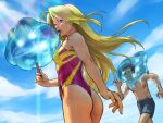  1boy 1girl ass blonde_hair blue_eyes blue_sky brown_hair cloud frozen grey_swimsuit highres long_hair male_swimwear metroid metroid_fusion one-piece_swimsuit popsicle_stick purple_swimsuit refraction samus_aran sky stup-jam sunlight swim_trunks swimsuit tongue tongue_out two-tone_swimsuit x_parasite yellow_swimsuit 