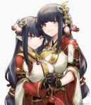  2girls bangs black_gloves black_hair blunt_bangs blush breasts closed_mouth commentary cowboy_shot eyebrows_visible_through_hair eyeshadow gloves gold_trim grey_background hair_ornament hinoa holding_hands interlocked_fingers japanese_clothes large_breasts long_hair looking_at_viewer makeup medium_breasts minoto monster_hunter_(series) monster_hunter_rise multiple_girls parted_lips phino pointy_ears red_eyeshadow siblings sidelocks simple_background sisters smile straight_hair tassel tsurime twins twitter_username wide_sleeves yellow_eyes 