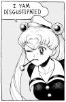  1girl bishoujo_senshi_sailor_moon border breasts bright_pupils cleavage commentary cosplay derivative_work english_commentary english_text greyscale hat highres monochrome mouth_hold one_eye_closed pipe pipe_in_mouth popeye popeye_(cosplay) popeye_the_sailor sailor_moon solo tsukino_usagi twintails upper_body white_border white_pupils y_naf 