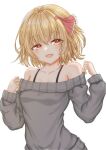  1girl :d bangs bare_shoulders blonde_hair bra_strap breasts collarbone curled_fingers eyebrows_visible_through_hair frilled hair_between_eyes hair_ornament hands_up medium_hair off-shoulder_sweater off_shoulder open_mouth red_eyes rumia scarlet_mirin sharp_teeth sidelocks simple_background small_breasts smile solo sweater teeth touhou white_background 