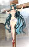  1girl absurdres blood breasts cleopatra_(fate) cross crucifixion fate/grand_order fate_(series) green_eyes hairband highres injury kishimen_(siruzakura) long_hair navel nipples solo very_long_hair 