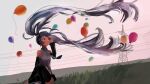  1girl absurdres balloon black_skirt black_sleeves blue_hair commentary cowboy_shot detached_sleeves dusk floating_hair grass grey_shirt hatsune_miku highres long_hair long_sleeves outdoors parted_lips pink_sky power_lines shirt shiyomifu skirt sleeveless sleeveless_shirt solo sunset transmission_tower twintails very_long_hair vocaloid 