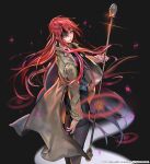  1girl absurdres black_background black_legwear black_shirt black_skirt breasts brown_coat coat eyepatch falling_petals hero_cantare highres holding holding_weapon hwa_ryun leenim long_coat long_hair looking_at_viewer official_art one_eye_covered parted_lips petals red_eyes red_hair shirt skirt solo tower_of_god very_long_hair weapon 
