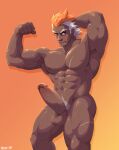  1boy abs armpits bara biceps blush bulge completely_nude dark-skinned_male dark_skin denim denim_shorts erection feet_out_of_frame fire_emblem flexing groin helbindi_(fire_emblem) highres horns large_pectorals large_penis looking_at_viewer male_focus male_pubic_hair multicolored_hair muscular muscular_male navel nipples nude orange_hair pectorals penis pose pubic_hair pubic_hair_peek scar scar_on_chest scar_on_leg short_hair shorts sideburns single_horn solo stomach thick_thighs thighs two-tone_hair uncensored very_dark_skin voviat white_hair wrinkled_skin 