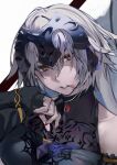  1girl bare_shoulders blood blood_on_face breasts fate/grand_order fate_(series) grey_hair helmet highres hiro_(hirohiro_gorira) jeanne_d&#039;arc_(alter)_(fate) jeanne_d&#039;arc_(fate)_(all) long_hair looking_at_viewer parted_lips purple_nails simple_background sleeves_past_wrists solo white_background yellow_eyes 