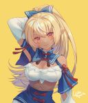  1girl arm_behind_head artist_name blonde_hair blue_bow bow breasts cleavage dark-skinned_female dark_skin hair_bow hololive long_hair looking_at_viewer medium_breasts orange_eyes pointy_ears ponytail shiranui_flare simple_background smile solo virtual_youtuber waka_ryou yellow_background 