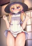  1girl :o bangs blonde_hair blurry blurry_background blush cameltoe commentary_request cowboy_shot darumoon depth_of_field dress dress_flip eyebrows_visible_through_hair eyelashes full-face_blush hair_ribbon hat highres indoors long_hair looking_down moriya_suwako panties parted_bangs parted_lips red_ribbon reward_available ribbon short_dress short_sleeves sidelocks sweat thick_thighs thigh_gap thighs touhou underwear white_dress white_panties yellow_eyes 