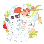  ;d alolan_form alolan_vulpix brown_eyes cloud commentary_request day drinking_straw flag flower gen_1_pokemon gen_7_pokemon glass heart heart-shaped_eyewear highres liquid nao_(naaa_195) no_humans one_eye_closed open_mouth outdoors palm_tree pokemon pokemon_(creature) red_flower sky smile sparkle sunglasses surfboard surfing tongue tree vulpix waving 
