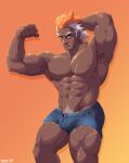  1boy abs alternate_costume armpits bara biceps blue_shorts blush bulge dark-skinned_male dark_skin denim denim_shorts feet_out_of_frame fire_emblem flexing helbindi_(fire_emblem) highres horns large_pectorals looking_at_viewer male_focus male_pubic_hair multicolored_hair muscular muscular_male navel nipples open_fly orange_hair pectorals pose pubic_hair pubic_hair_peek scar scar_on_chest scar_on_leg shirtless short_hair short_shorts shorts sideburns single_horn solo stomach thick_thighs thighs two-tone_hair very_dark_skin voviat white_hair wrinkled_skin 