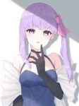  1girl bangs black_gloves blue_choker blue_dress bow breasts choker cleavage collarbone dress elbow_gloves fate/stay_night fate_(series) gloves hair_bow highres long_hair looking_at_viewer matou_sakura medium_breasts mizuki_(s0511) open_mouth pink_bow purple_eyes purple_hair shiny shiny_hair sleeveless sleeveless_dress solo twintails upper_body 