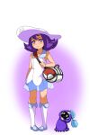  1girl :3 acerola_(pokemon) alternate_costume bag bangs bare_shoulders blue_footwear blush bright_pupils closed_mouth collarbone commentary_request cosmog cosmog_(cosplay) cosplay dress duffel_bag flat_chest full_body gen_7_pokemon gradient gradient_background half-closed_eyes hand_up happy hat kneehighs legendary_pokemon lillie_(pokemon) lillie_(pokemon)_(cosplay) looking_at_viewer mimikyu pigeon-toed pokemon pokemon_(creature) pokemon_(game) pokemon_sm purple_background purple_eyes purple_hair see-through shoes short_dress short_hair shoulder_bag sidelocks simple_background sleeveless sleeveless_dress smile solo_focus standing sun_hat tensama_(ten2009) two-tone_background white_background white_dress white_headwear white_legwear white_pupils 