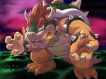 1boy bowser bracelet breathing_fire claws closed_mouth dated fire full_body highres horns jewelry looking_at_viewer male_focus mario_(series) outdoors red_eyes red_hair sharp_teeth smile solo spiked_bracelet spiked_shell spikes standing super_mario_64 teeth thick_eyebrows ya_mari_6363 
