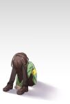  1other bangs bob_cut brown_footwear brown_hair brown_pants chara_(undertale) curled_up gradient gradient_background green_shirt hands_together head_between_knees head_down highres leftporygon loafers long_sleeves multicolored_shirt on_floor pants shirt shoes short_hair simple_background sitting solo undertale yellow_shirt 