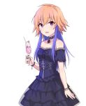  1girl 2_nostg bare_shoulders black_nails blue_dress blush bracelet breasts choker corset cup dress drinking_glass drinking_straw eyebrows_visible_through_hair holding holding_cup idolmaster idolmaster_cinderella_girls jewelry long_hair looking_at_viewer multicolored_hair ninomiya_asuka off-shoulder_dress off_shoulder open_mouth orange_hair purple_eyes purple_hair small_breasts smile solo two-tone_hair 