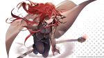  1girl black_legwear black_skirt black_vest breasts brown_coat closed_mouth coat eyepatch hero_cantare hwa_ryun leenim long_coat long_hair medium_breasts official_art one_eye_covered open_clothes open_coat red_hair shoes skirt solo squatting tower_of_god very_long_hair vest 
