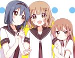  3girls absurdres blonde_hair blush breasts brown_eyes brown_hair eyebrows_visible_through_hair furutani_himawari hair_ornament highres long_hair looking_at_viewer mesushio multiple_girls nanamori_school_uniform oomuro-ke oomuro_hanako oomuro_sakurako open_mouth school_uniform short_hair siblings sisters skirt small_breasts smile very_long_hair yuru_yuri 