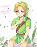  1boy bangs belt belt_buckle blonde_hair blue_eyes buckle collarbone fairy green_headwear green_tunic hand_on_leg highres link looking_at_viewer navi parted_bangs pointy_ears seri_(yuukasakura) short_sleeves sitting sketch smile solo the_legend_of_zelda the_legend_of_zelda:_ocarina_of_time translated 