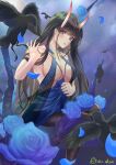  1girl artist_name azur_lane bare_shoulders bird black_cardigan black_hair blue_flower blue_rose breasts cardigan center_opening cocktail_dress crow dress evening_gown flower halter_dress halterneck highres long_hair looking_at_viewer medium_breasts michan127neko moon night night_sky noshiro_(azur_lane) noshiro_(the_gala&#039;s_sanctuary)_(azur_lane) official_alternate_costume petals purple_eyes raven_(animal) rose see-through sky sleeveless sleeveless_dress solo star_(sky) starry_sky 