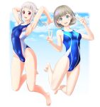  2girls absurdres arashi_chisato bangs barefoot blue_eyes blue_sky blue_swimsuit blunt_bangs breasts clothes_writing cloud collarbone competition_swimsuit covered_navel double_bun double_v full_body grey_hair highres jumping long_hair looking_at_viewer love_live! love_live!_superstar!! medium_breasts multicolored multicolored_clothes multicolored_swimsuit multiple_girls one-piece_swimsuit open_mouth parted_bangs red_eyes round_teeth short_hair simple_background single_sidelock sky small_breasts smile swimsuit takafumi tang_keke teeth twintails upper_teeth v white_background white_hair 