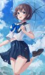  1girl absurdres bangs blue_bow blue_eyes blue_sailor_collar blue_sky blush bow brown_footwear brown_hair cloud commentary day english_commentary eunyoo eyebrows_visible_through_hair foot_out_of_frame highres holding holding_umbrella huge_filesize looking_at_viewer open_mouth original outdoors sailor_collar school_uniform serafuku shirt shoes short_hair short_sleeves sky smile socks solo standing standing_on_one_leg transparent transparent_umbrella umbrella white_legwear white_shirt 