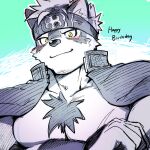  1boy ainu_clothes animal_ears bara blush chest_hair crossed_arms facial_hair furry furry_male gakuran goatee grey_fur grey_hair headband horkeu_kamui_(tokyo_houkago_summoners) jacket jacket_on_shoulders large_pectorals male_focus multicolored_hair muscular muscular_male pectorals revealing_clothes school_uniform short_hair sideburns silver_hair simple_background solo tokyo_houkago_summoners two-tone_fur upper_body waku_(ayamix) white_fur wolf_boy wolf_ears yellow_eyes 