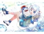 1girl aa2233a bangs bloop_(gawr_gura) blue_eyes blue_hair blue_hoodie blue_legwear fish_tail gawr_gura hair_ornament holding holding_stuffed_toy hololive hololive_english hood hoodie letterboxed long_sleeves looking_at_viewer multicolored_hair open_mouth sharp_teeth shoes signature smile sneakers socks solo streaked_hair stuffed_toy tail teeth virtual_youtuber white_footwear wide_sleeves 