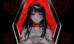  1girl artist_name black_hair black_nails closed_mouth coffin collar collarbone eye_(vocaloid) hands_clasped hands_over_breasts highres interlocked_fingers limited_palette long_hair own_hands_together red_collar red_eyes red_theme rina_(crystalrina) solo tattoo vocaloid 