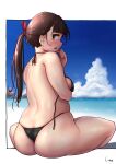  1girl bangs bikini black_bikini blue_sky blunt_bangs blush breast_hold breasts brown_hair character_request cloud cloudy_sky commentary_request copyright_request day eyebrows_visible_through_hair feet_out_of_frame from_behind hand_on_own_chin highres long_hair looking_at_viewer looking_back on_ground outdoors outside_border ponytail shadow shigekikkusu shiny shiny_hair sideways_mouth signature sitting skindentation sky solo straight_hair string_bikini swimsuit thick_thighs thighs water yellow_eyes 