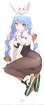  1girl absurdres air_jordan air_jordan_1 animal_ear_fluff animal_ears arm_support ass bangs bare_shoulders black_legwear black_leotard blue_hair braid breasts carrot carrot_hair_ornament cloba detached_sleeves don-chan_(usada_pekora) extra_ears food-themed_hair_ornament fur_scarf grin hair_ornament highres hololive leotard long_hair looking_at_viewer multicolored_hair nike nousagi_(usada_pekora) pantyhose puffy_short_sleeves puffy_sleeves rabbit_ears rabbit_girl rabbit_tail red_eyes scarf shoes short_eyebrows short_sleeves sitting smile sneakers solo strapless strapless_leotard swept_bangs tail teeth thick_eyebrows twin_braids two-tone_hair usada_pekora virtual_youtuber white_hair white_scarf yokozuwari 